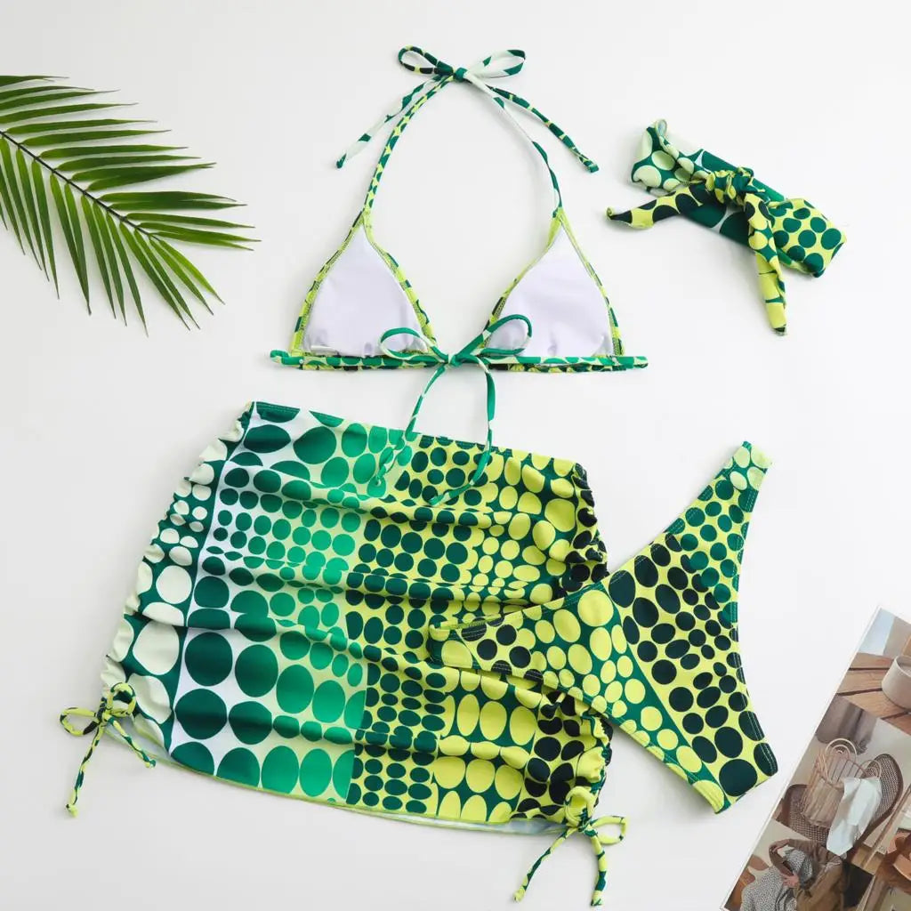 4 Pieces Random Dot Print Tie Side Halter Bikinis Swimsuit & Beach Skirt Sexy Swimwear Women 2026 Bathing Swimming Suit Female
