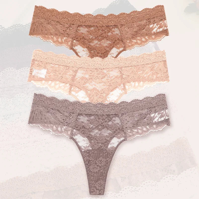 3Pcs Lace Sexy Thongs Women Low-Rise Briefs Sexy Soft Ladies Underwear Trendy Floral Underpants Female Flowery Panty Lingerie