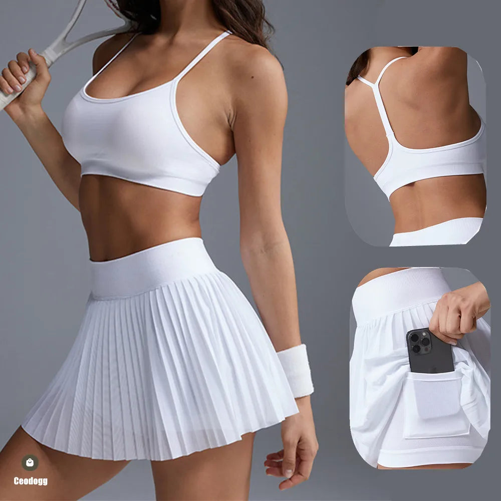 Pleated Chiffon Sports Pocket Yoga Skirt Women Quick-drying Badminton Tennis Trousers Fitness Half-body Anti Shorts Skorts XP43