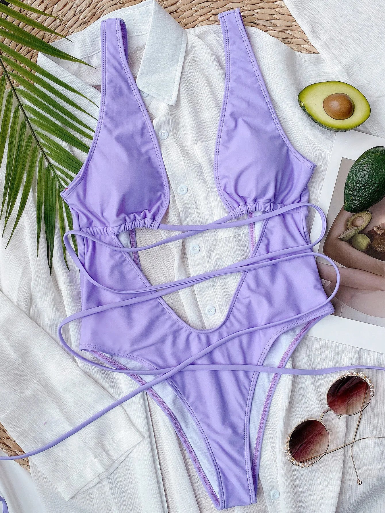 Deep V Neck Wrap Around High Cut Women Swimwear One Piece Swimsuit Female Monikini Tummy Cut Out Bathing Suit Swim Beach Wear