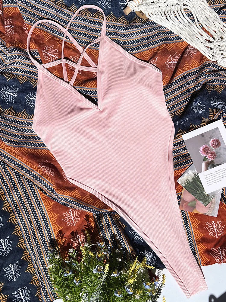 Sexy Extreme G String Thong Women Ribbed Swimwear One Piece Swimsuit Female Cross Backless Monokini High Cut Bathing Suit Swim