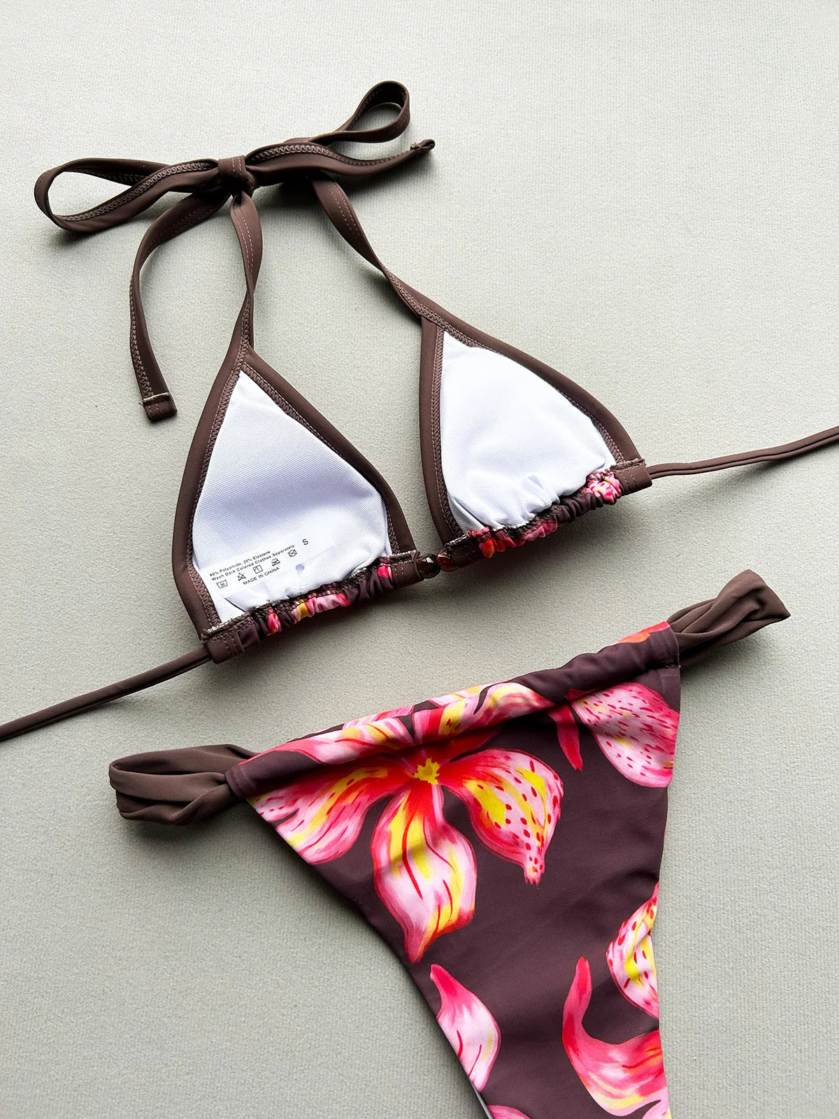 Boho Style Women's Floral Print Swimsuit Sexy Backless Lace-up Swimwear Push Up Thong Bathing Suit Female Bikini Set Beachwear