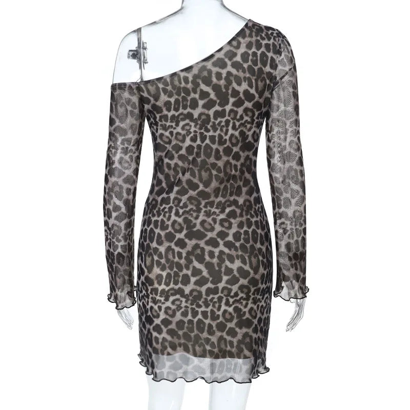 Spring Summer Off-Shoulder Sexy Leopard Print Long-Sleeve Dress European-Style Casual Backless Bell-Sleeve Mini Skirt Streetwear