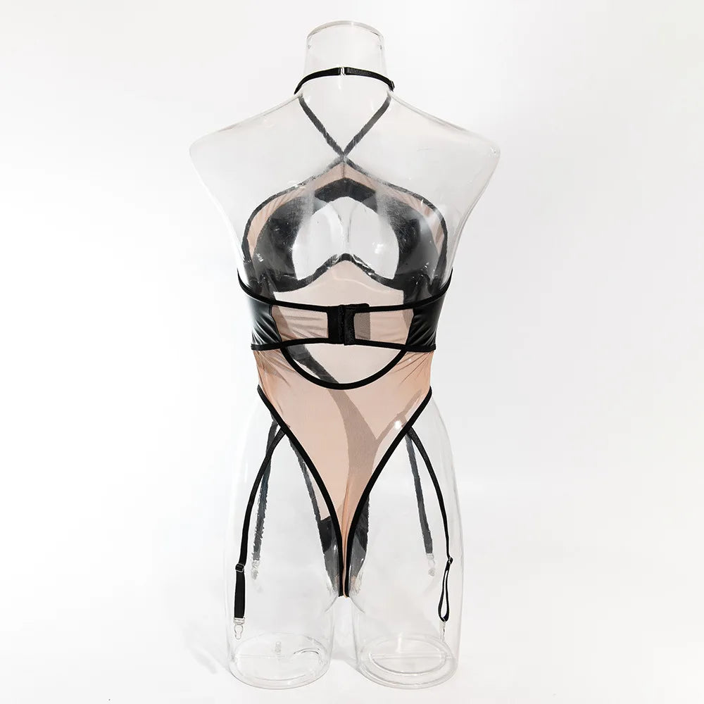 DEKA-See Through Mesh Bodysuit for Women, Matching Halter, Lace Up Bathing Suit, Push Up Swimsuit, Beach Swimwear