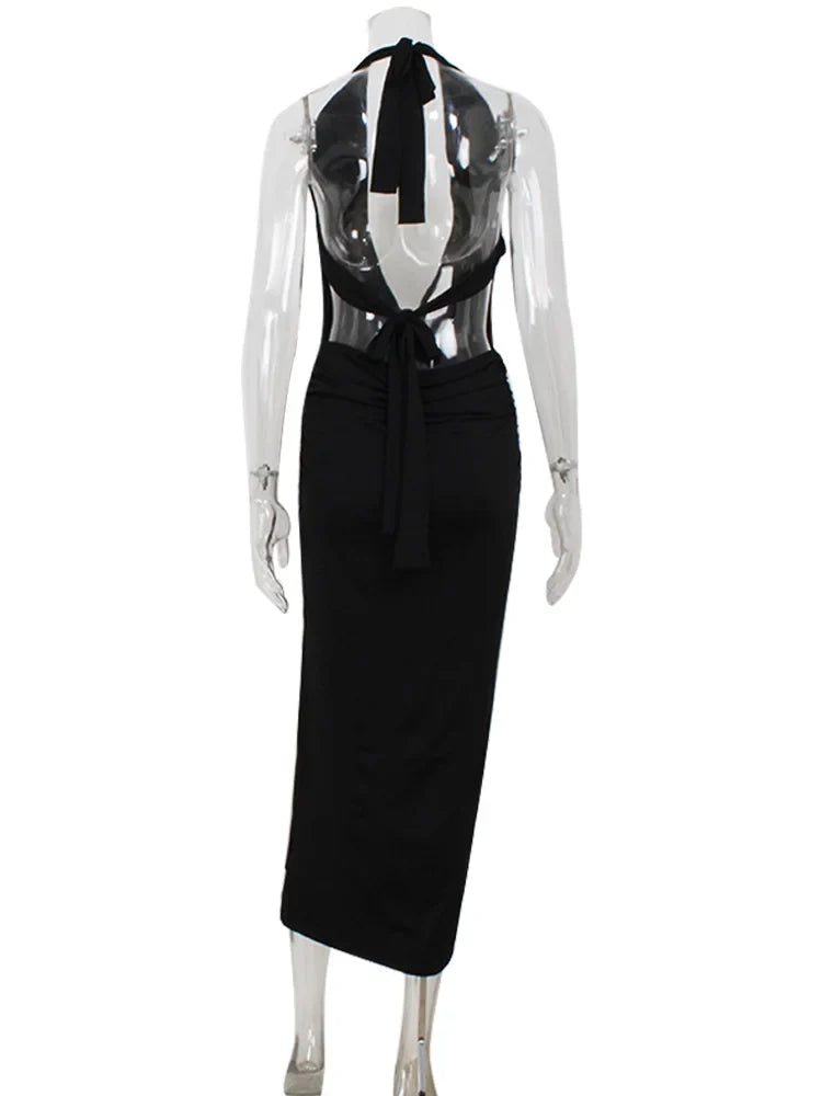 Ahagaga Fashion Halter Women's Maxi Dresses Solid Deep V-Neck Sleeveless Blackless Bandage Sheath Bodycon Party Vestidos Robes