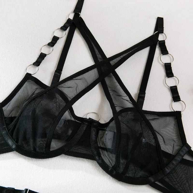 Toucheart Sexy Floral Embroidery Underwear Steel Ring Bra Lace Mesh Sexy Webbing Hollow Waistband Hanging Erotic Lingerie Suit