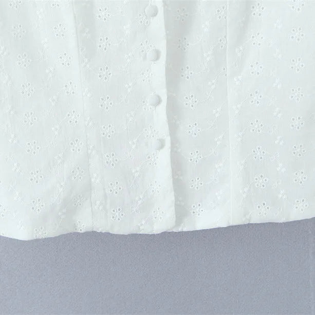 Sweet Lace Doll Collar Puff Sleeve Women's Shirt With Single Breasted Buttons Hollow Jacquard Slim-fit Pure Desire Elegant 6VN3