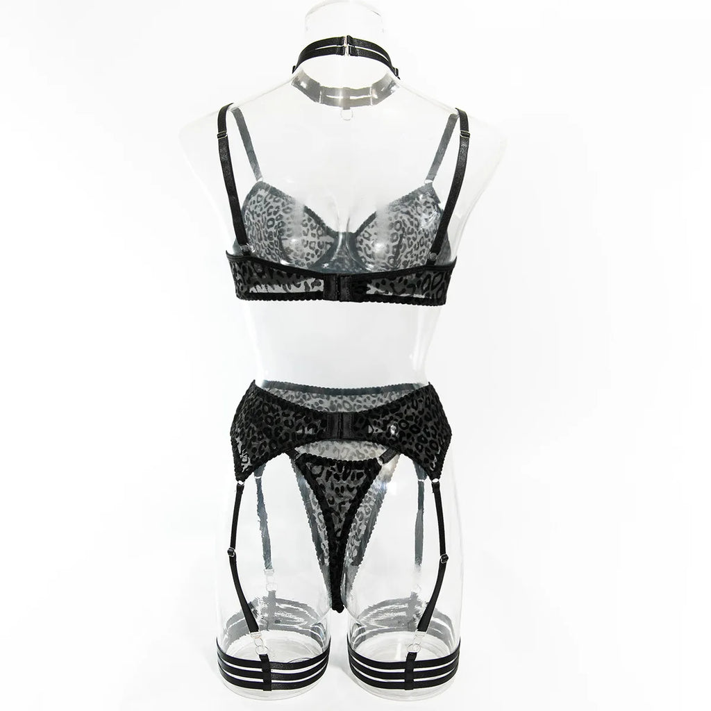 Toucheart 5-Piece Suit Sexy Underwear Suit Flocked Leopard Print Fashionable Hollow Sexy Lingerie Women Perspective Underwear