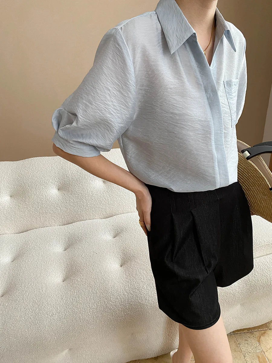 Turn-Down Collar Loose Short-Sleeve Shirt Women White Short Sleeve Shirt Chest Pocket V Neck Button Casual Summer Blouse H9EH