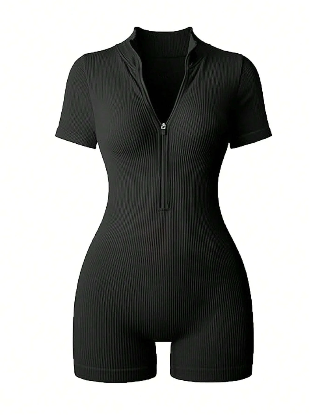 Women's Solid Color Half Zip Ribbed Knit Short Sleeve Romper Sports Soft Slim Fit Mock Neck Jumpsuit Streetwear 2025 Summer