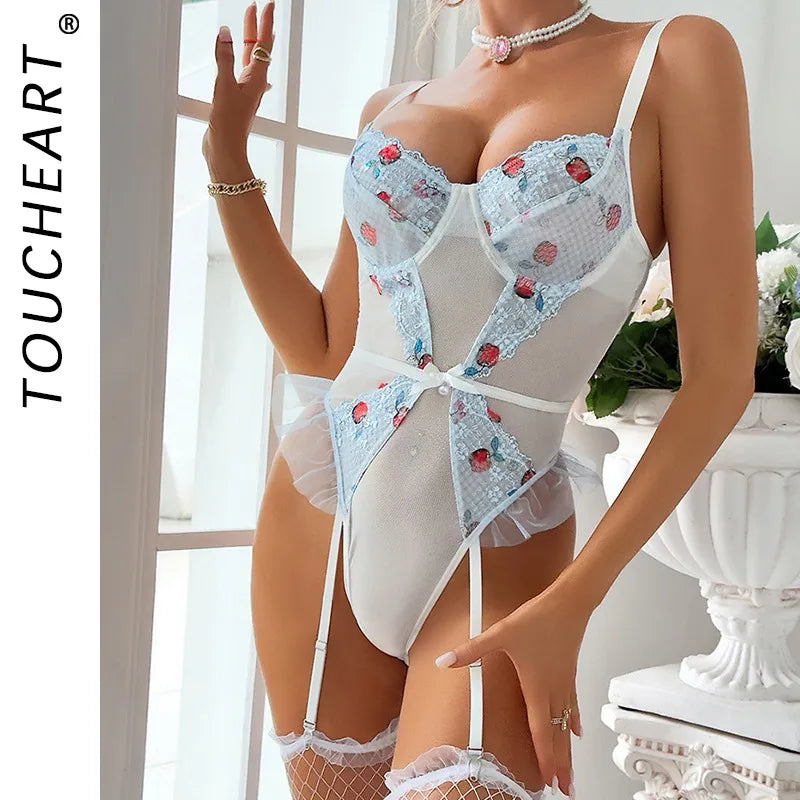 Toucheart Women Sexy Bodysuit Lace Printing See-through Skinny Plunge Romantic Hot Girls Interesting Leisure Sling Jumpsuit Set