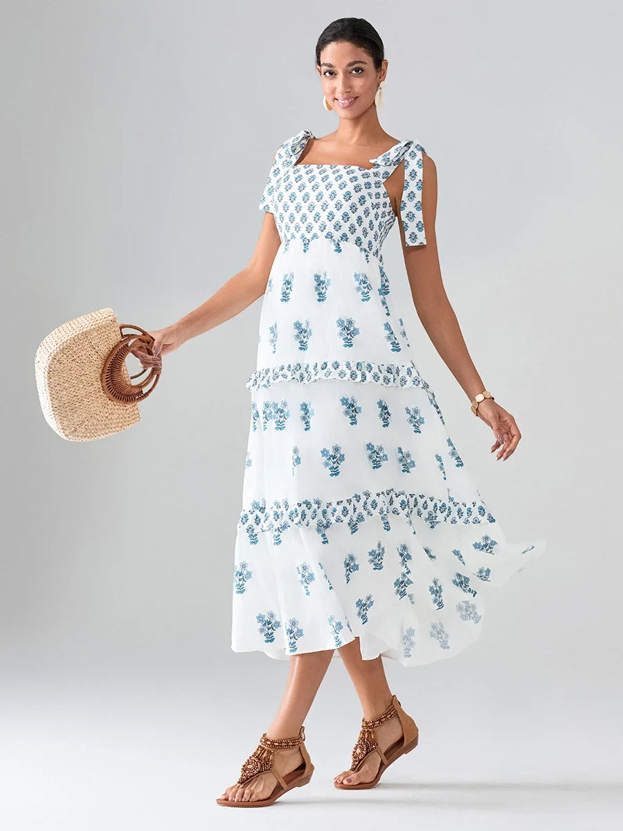 Flower Print Tie Strap Swing Dress Women A-Line Square Neck Tiered Ruffled Summer Bohemian Beach Long Tank Dress