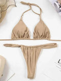 PU Pleated Ruched Bikinis Mini Micro Thong Bikini Women Swimwear Female Swimsuit Two-pieces Bikini Set Halter Bathing Suit Swim