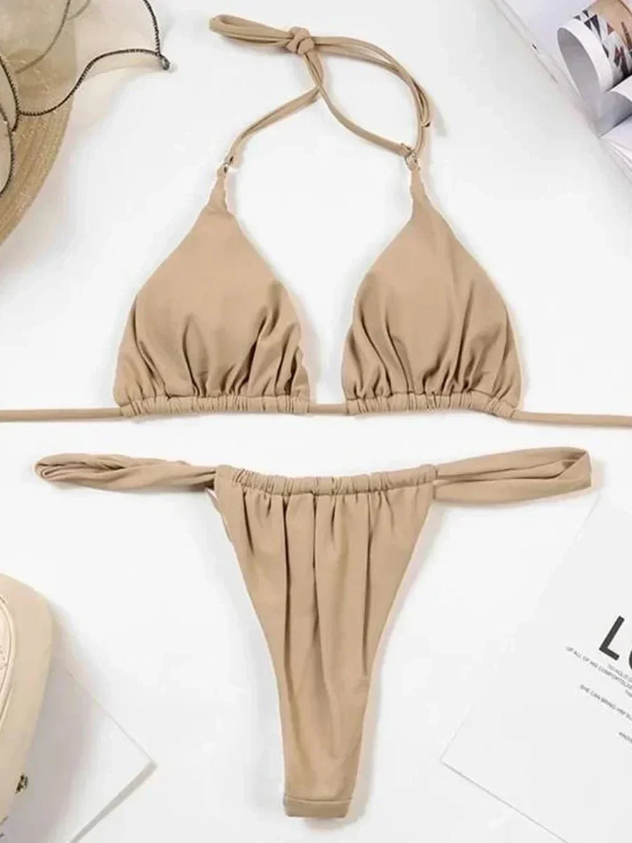 PU Pleated Ruched Bikinis Mini Micro Thong Bikini Women Swimwear Female Swimsuit Two-pieces Bikini Set Halter Bathing Suit Swim