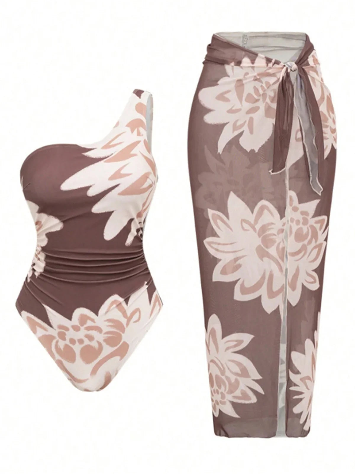 S - XL New With Skirt Printed One Shoulder Women Swimwear One Piece Swimsuit Female High Leg Cut Bather Bathing Suit Swim V8017