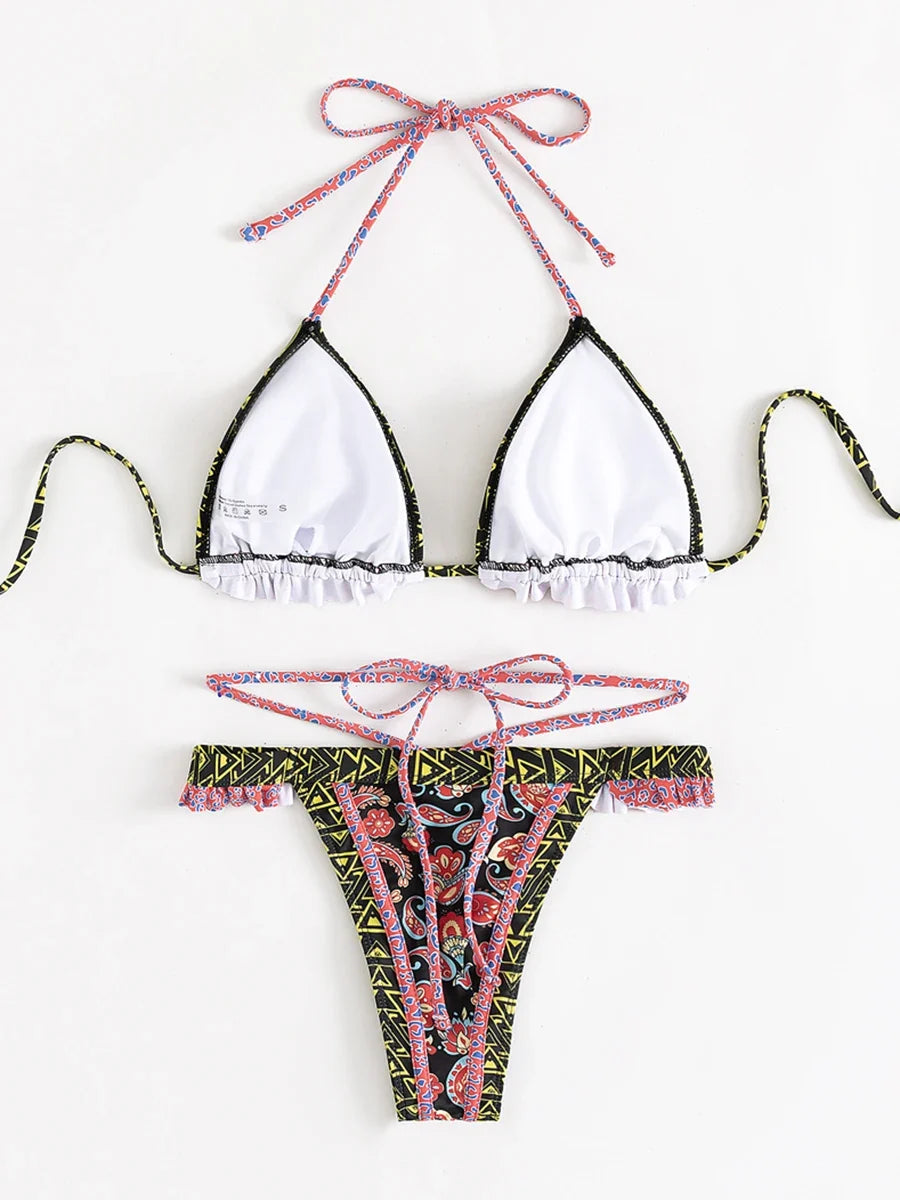 Floral Print Halter Ruffle Frilled Bikini Women Thong Swimwear Female Swimsuit Two-pieces Bikini Set Bathing Suit Swim Beachwear