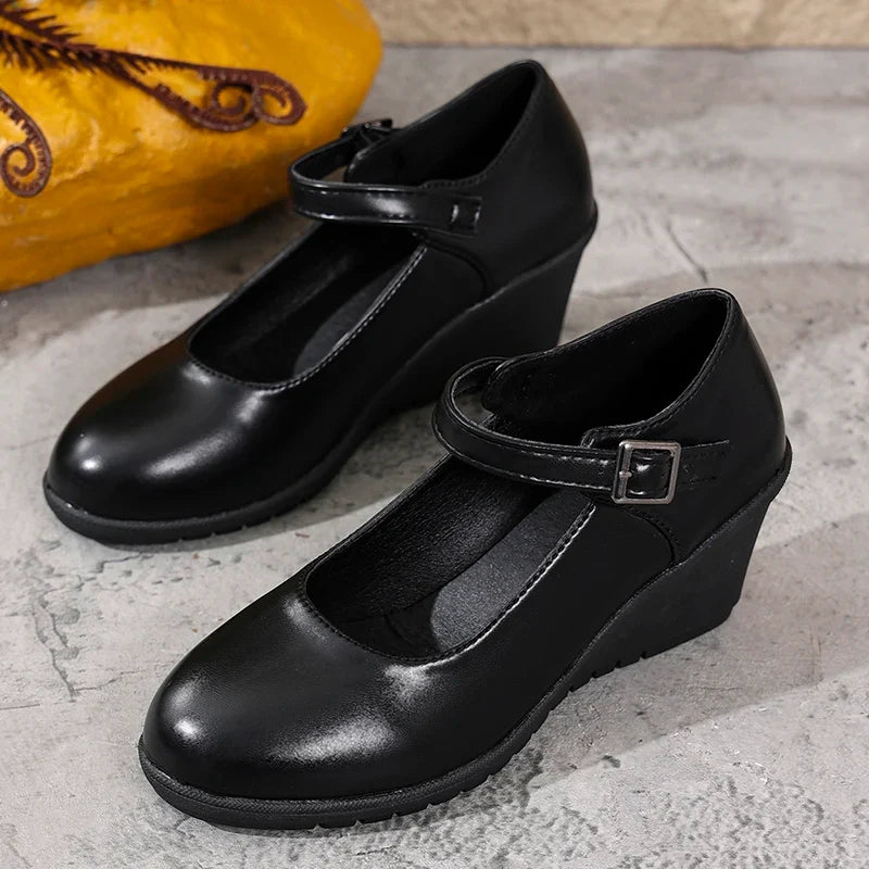 2026 New Ankle Buckle Wedges Heel Pumps Women Black Pu Leather High Heels Mary Jane Shoes Woman Plus Size 42 Office Pumps Ladies