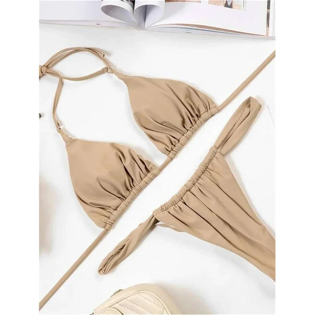 Wrinkled High Cut Mini Micro Thong Bikini Women Swimwear Female Swimsuit Two-pieces Bikini Set Halter Bather Bathing Suit Swim