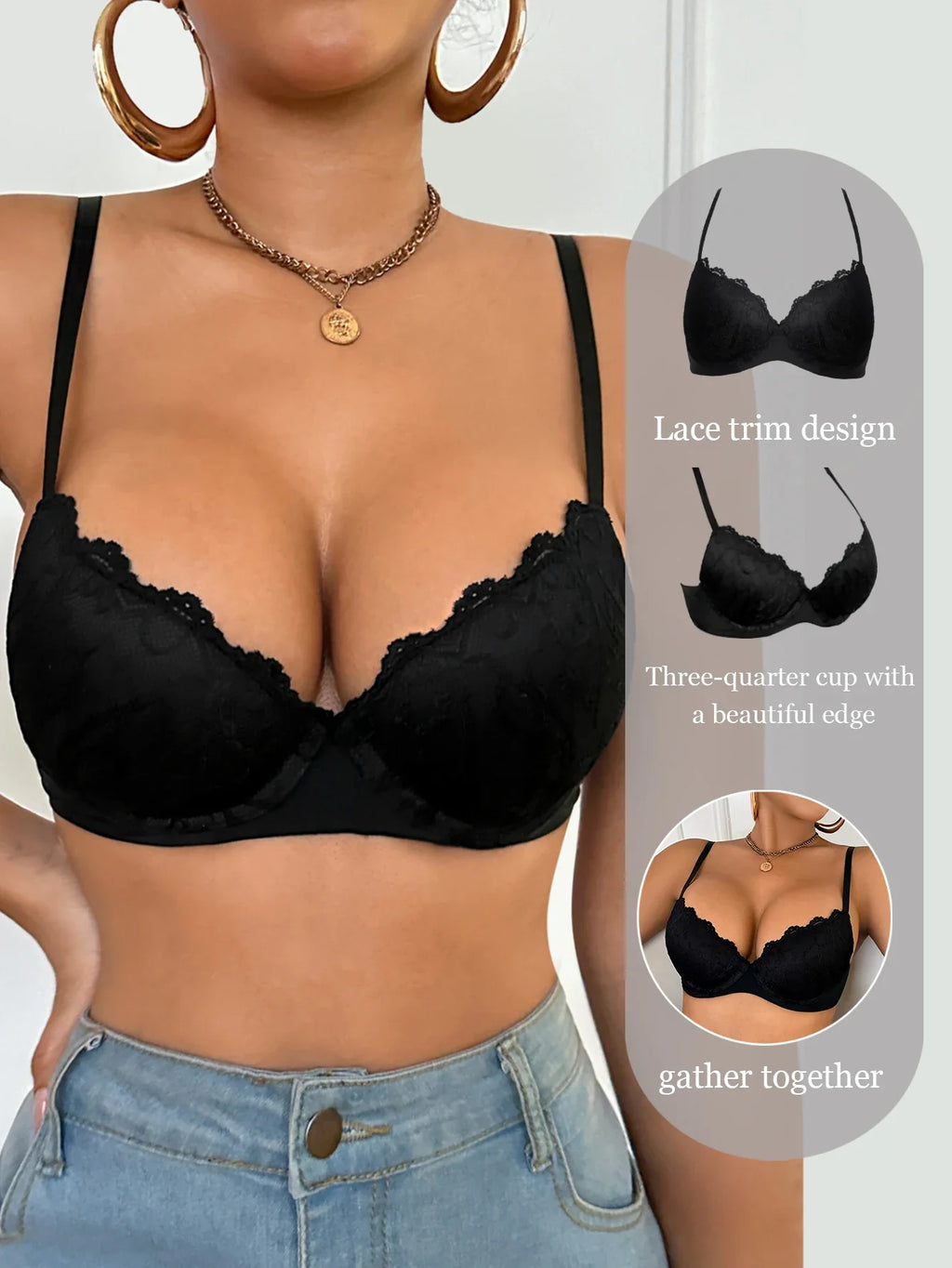 Knit Sexy Women's Thin Cup Lace Bras Lace Splicing Underwire Bra Push-Up Breathable Women's underwear