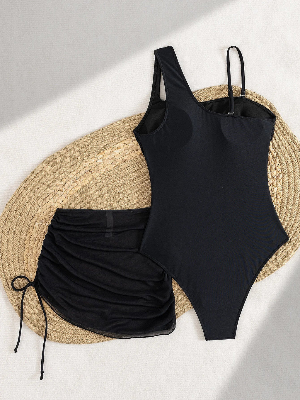 Vintage Black One Piece Swimsuit Skirt Sets Women Sexy One Shoulder Mesh Patchwork Slim Fit Tswimwear 2025 Beach Bathing Suits