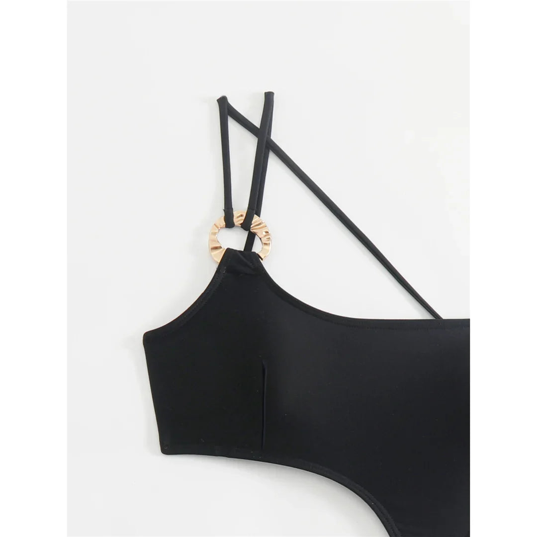 New Asymmetric One Shoulder With Skirt One Piece Swimsuit Women Swimwear Female Metal Ring Padded Bather Bathing Suit Swim K7082