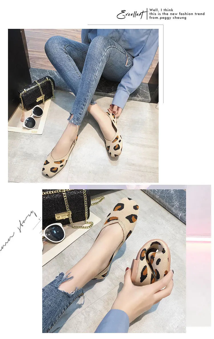 Spring and Autumn Flat Shoes Fashion Leisure Women's Flat Shoes Square Toe Knitting Elastic Comfortable Slip-on Boutique Shoes