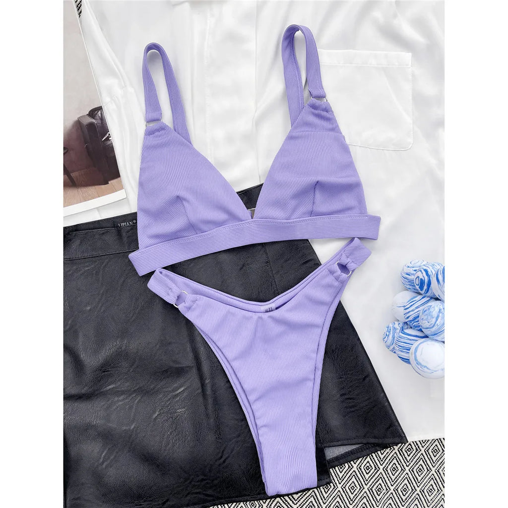 Sexy High Leg Cut Ribbed Bikini Women Swimwear Female Swimsuit Two-Pieces Bikini Set Padded Bather Bathing Suit Swim Lady V3255