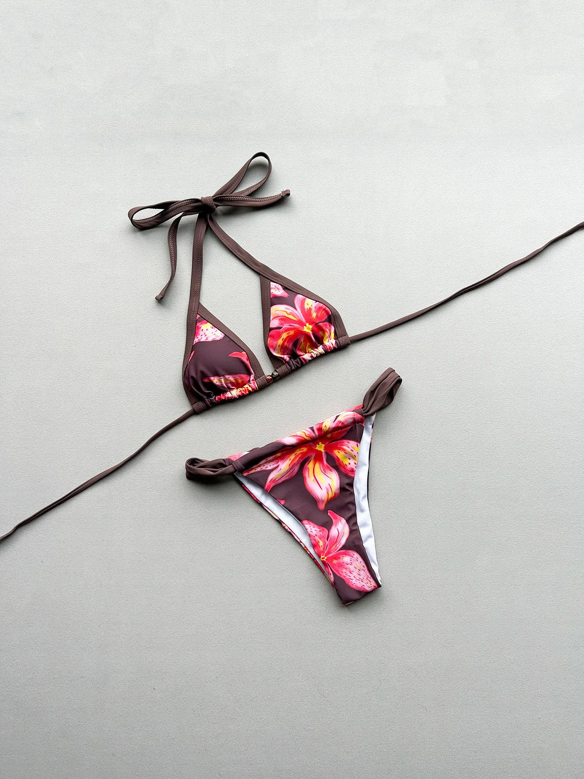 Boho Style Women's Floral Print Swimsuit Sexy Backless Lace-up Swimwear Push Up Thong Bathing Suit Female Bikini Set Beachwear