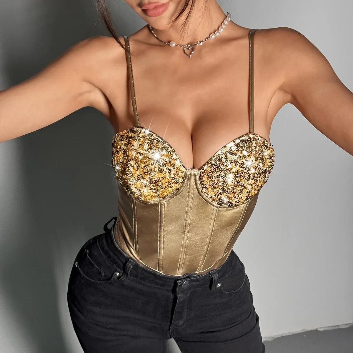 Shiny Sequins Silver Patchwork Bodysuit Women PU Leather Fishbone Rompers Hanging Neck Underwired Slimming Bodycon Bodysuit
