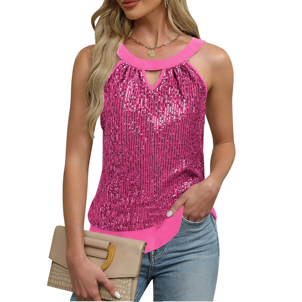 Women's Sequin Glitter Tank Tops Sleeveless Crew Neck Slim Fit Camisole For Holiday Backless Bow Tie Streetwear Party Club Vest