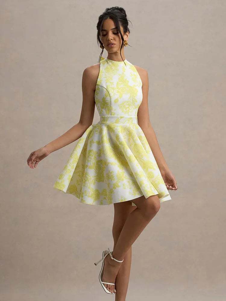 Tank A-Line Mini Dress For Women Fashion Sexy Streetwear Floral Printed Sleeveless Halter Neck Backless Lace-up Vestidos Female