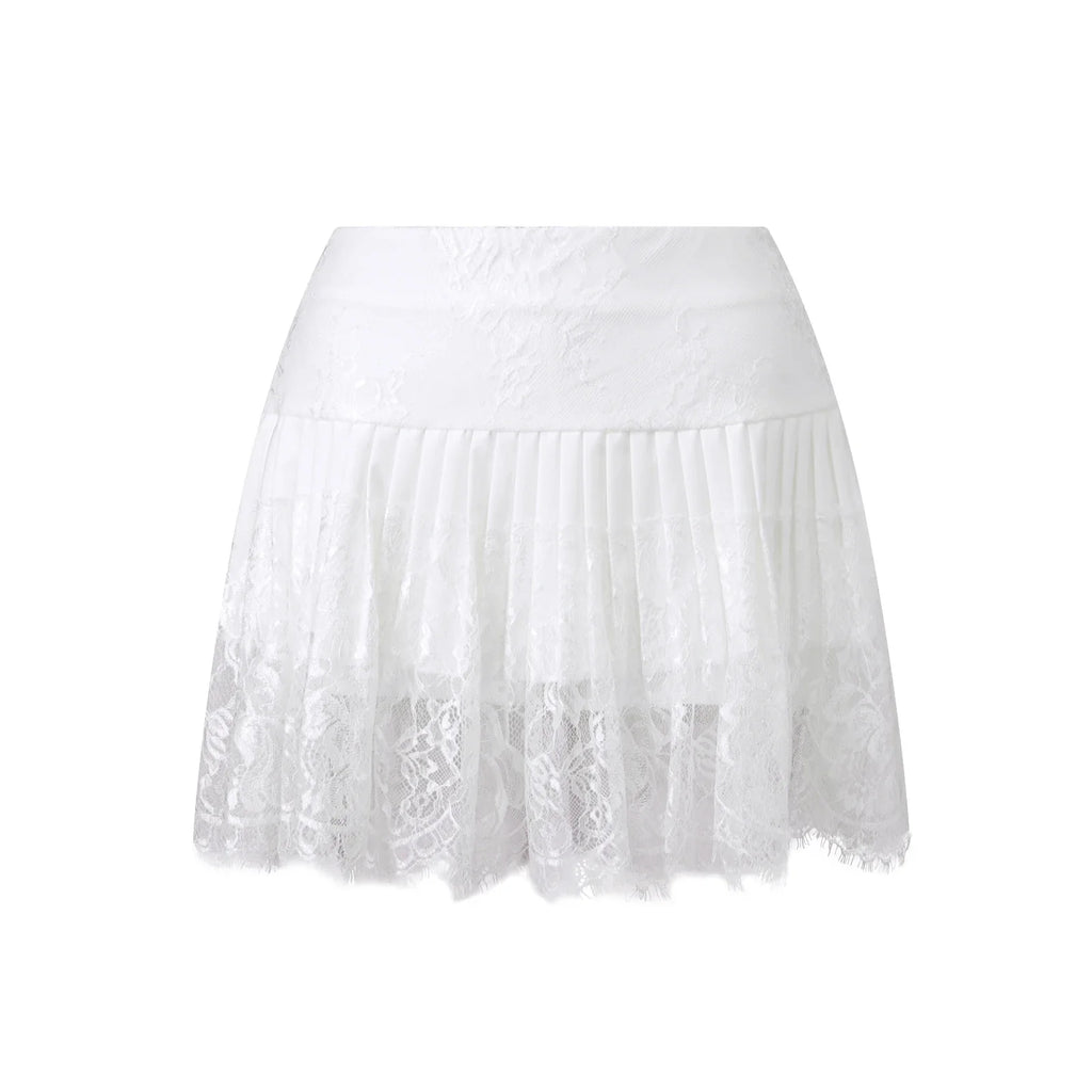 Women Solid Color Patchwork Lace Mini Skirt High Rise A-line Short Pleated Skirts Casual Summer Streetwear