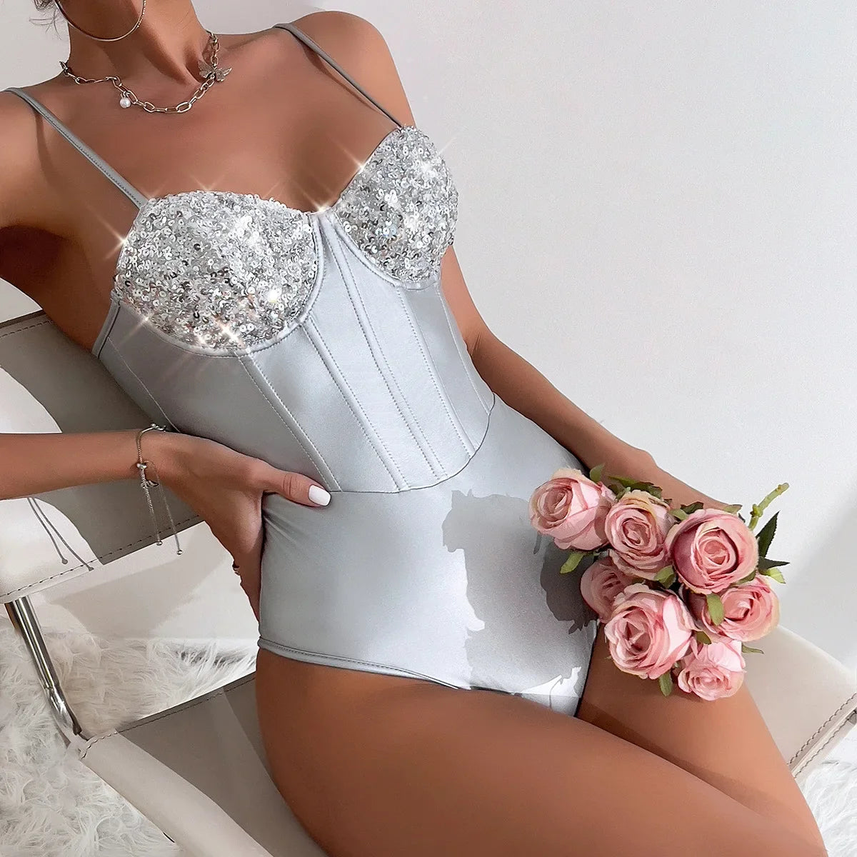 Shiny Sequins Silver Patchwork Bodysuit Women PU Leather Fishbone Rompers Hanging Neck Underwired Slimming Bodycon Bodysuit