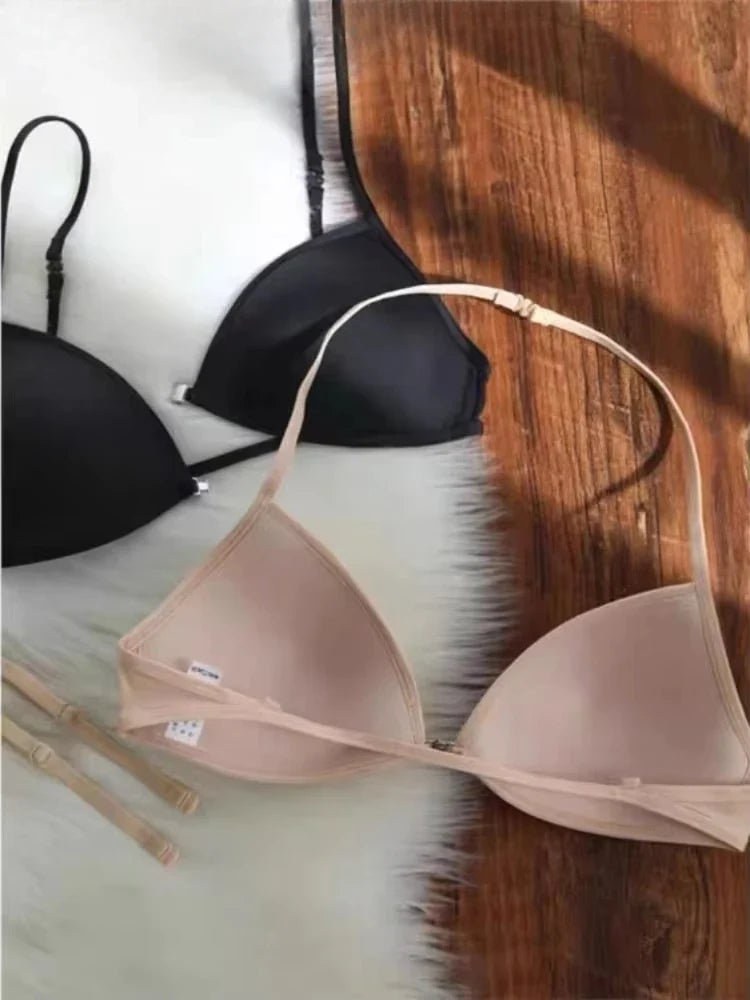 MOYISU French Style Triangle Bra Thin Strap Halter Neck Invisible Front Fastening Elegant Wireless Bralette Sophisticated AB Cup
