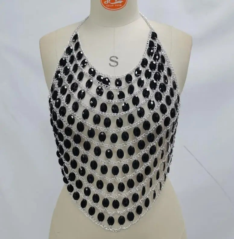 Women Fashion Rhinestone Metal Chain Halter Crop Top Hollow Out Mesh Backless Triangle Hem Y2K Club Party Sleeveless Cami Top