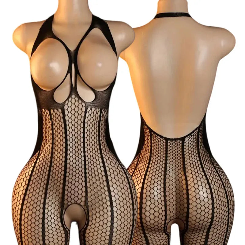 Hanging Neck Bodystockings Erotic Crotchless Lingerie Women Fishnet  Adult See Through Bodysuit Open Bra Porn Desire Underwear