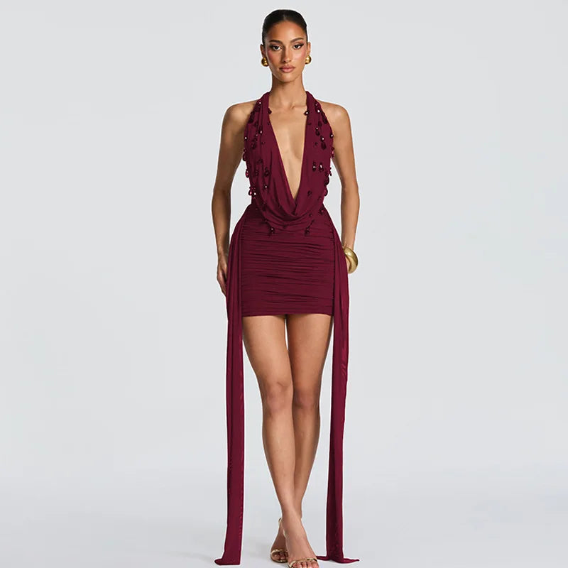 FDYOUI Elegant Halter Neck Water Drop Decoration Party Club Dress for Women 2026 Backless Bandage Folds Short Evening Dresses