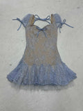 Dreamy and Western-style lace pleated princess dress with sparkling sequin design and puff-sleeved high-waisted dress.