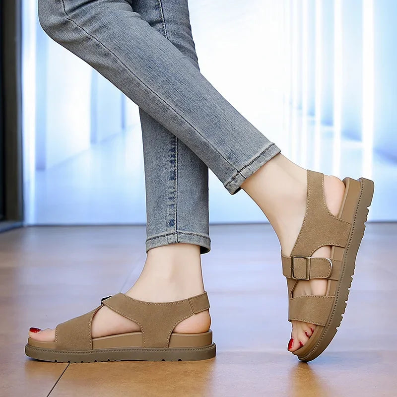 Women Sandals Summer New Solid Color Open Toe Flat Casual Slippers Buckle Fashion Outdoors Beach Sandals Sandalias De Mujer