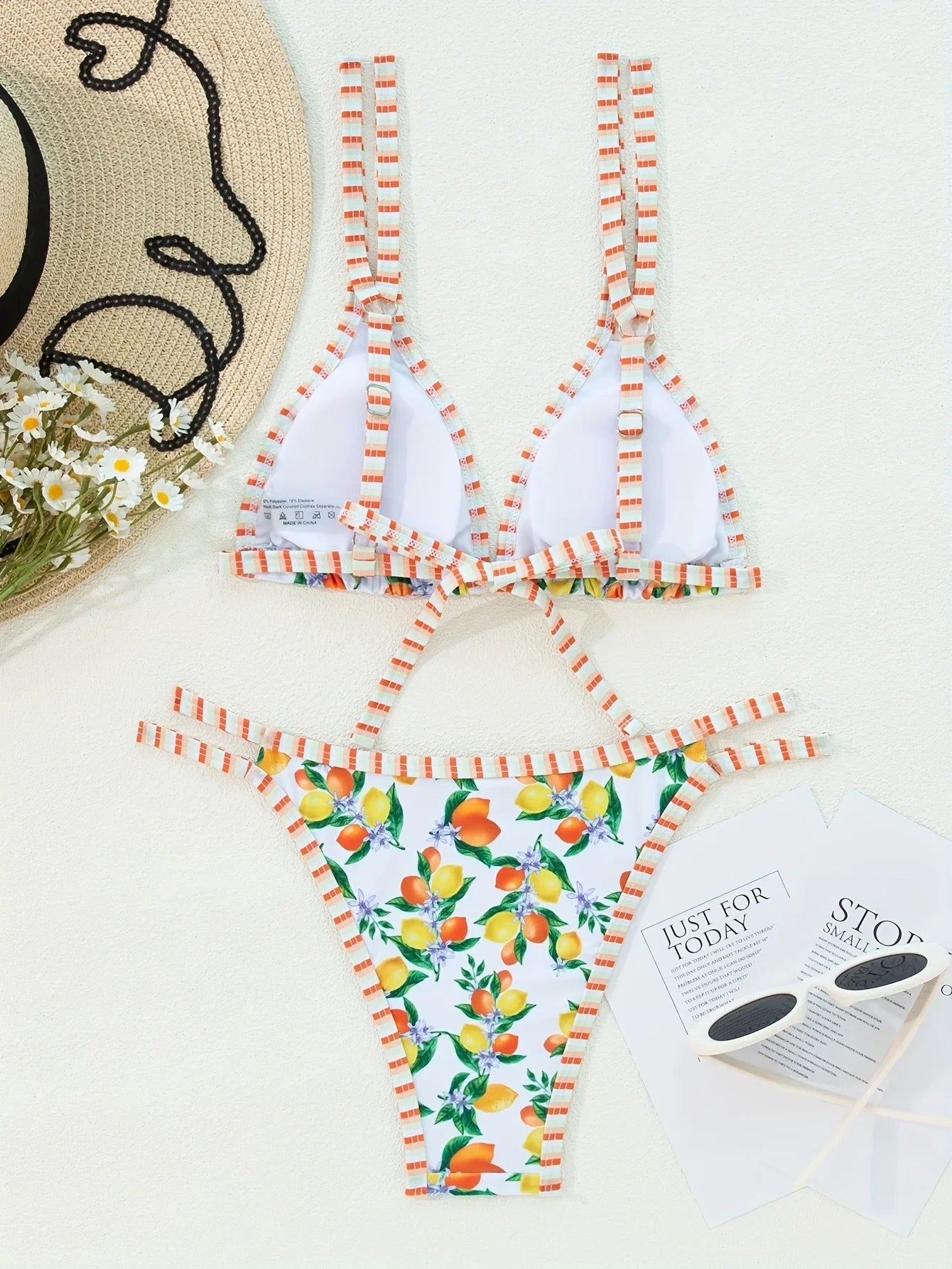 2026 Sexy Orange Print Micro Bikini Women Double Strap Push Up Bra Hollow Out Thong Swimsuit Beach Bathing Suit Holiday Swimwear