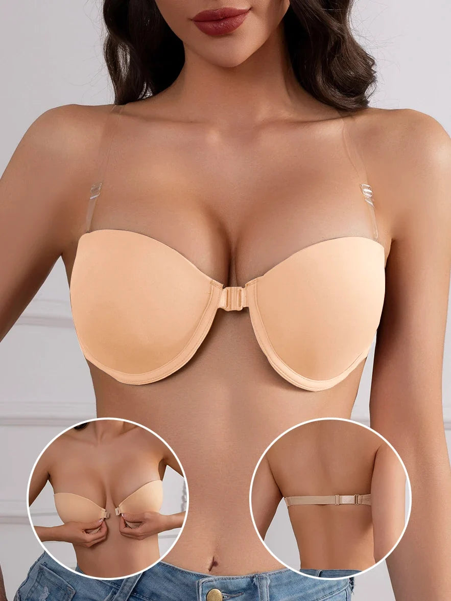 Women's Half Cup Strapless Bra Front Closure Clear Strap Bra Non-Slip Silicone Band Underwire Support Women's Underwear