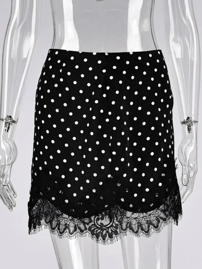 FDYOUI 2026 Woman Clothes Lace Patchwork Polka Dot Skirts Female Sexy Tight Short Skirt Black Party Night Club Dress Streetwear