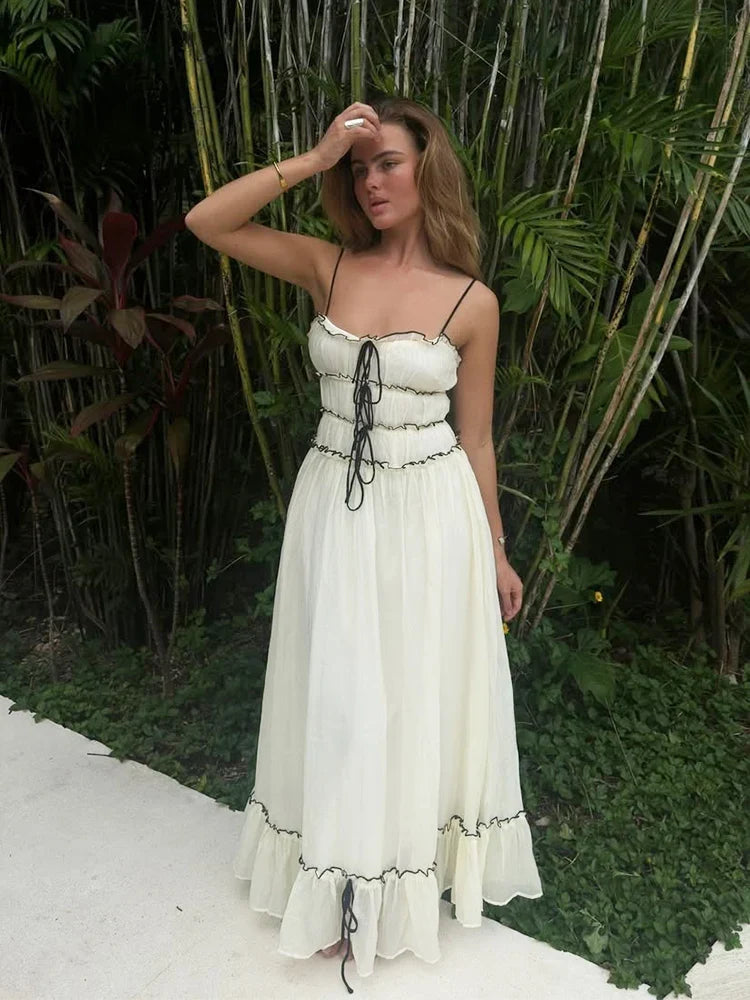 Foridol Spaghetti Strap White Sundress Flounced Edge Women's Dress Summer Beach Style Maxi Dress Bowknot Boho Vestidos 2025