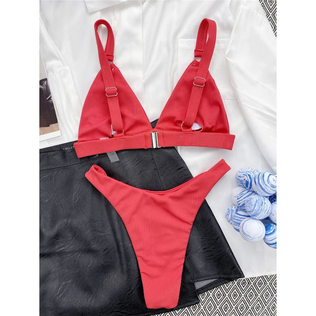 Sexy High Leg Cut Ribbed Bikini Women Swimwear Female Swimsuit Two-Pieces Bikini Set Padded Bather Bathing Suit Swim Lady V3255