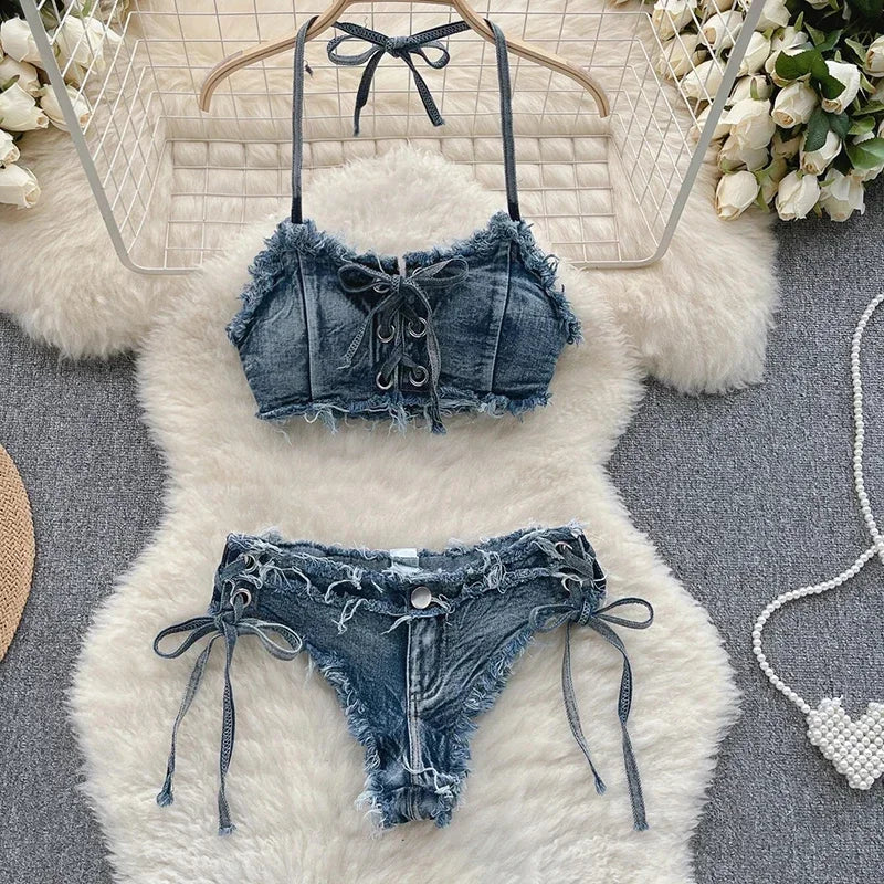 Bathing Suit Women Sexy Denim Suits Bikini Set Lace Up Drawstring Beachwear 2025 Solid Summer Vintage Two-pieces Swimwear