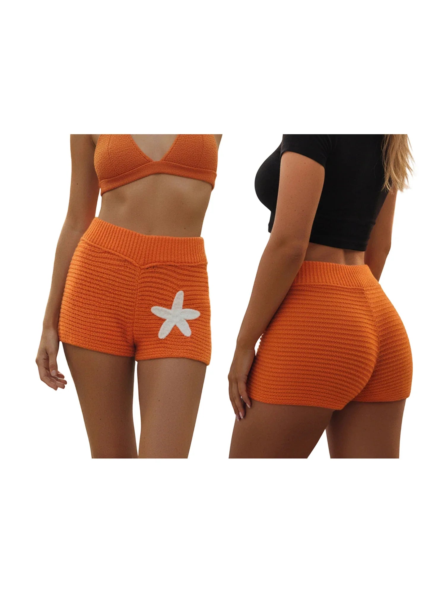 Women Slim Fit Stylish Decorative Starfish Ribbed Elastic Mid Rise Shorts Spring/Summer Holiday Beach Casual Knit Shorts
