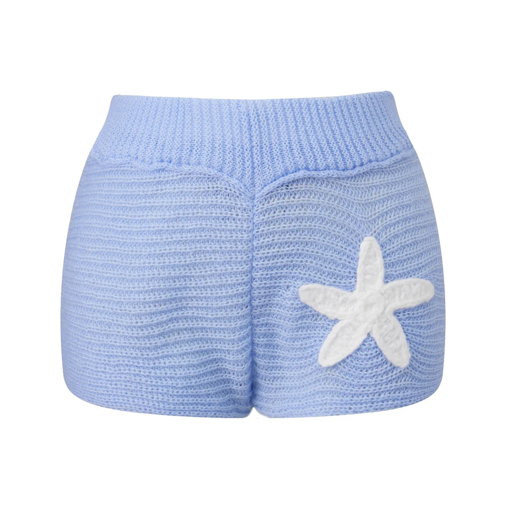 Women Slim Fit Stylish Decorative Starfish Ribbed Elastic Mid Rise Shorts Spring/Summer Holiday Beach Casual Knit Shorts