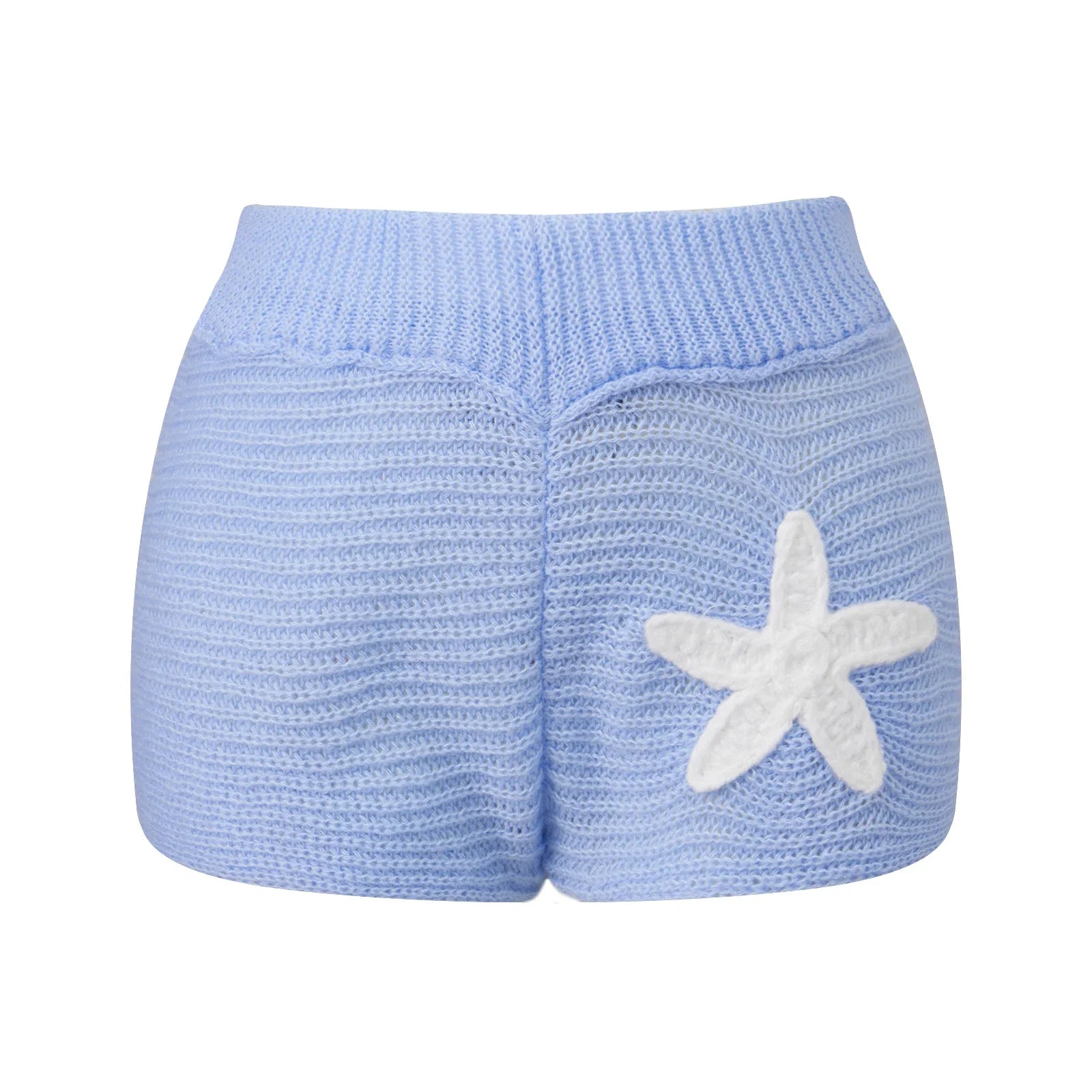 Women Slim Fit Stylish Decorative Starfish Ribbed Elastic Mid Rise Shorts Spring/Summer Holiday Beach Casual Knit Shorts