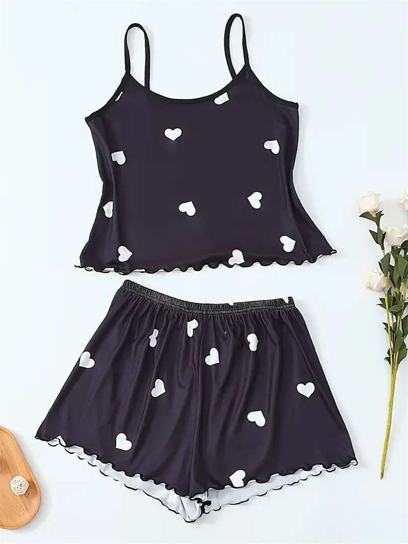 Women's Two-Piece Pajama Sets Summer Sleepwear Suspender Heart Printed Top and Shorts Casual Home Clothes Loungewear