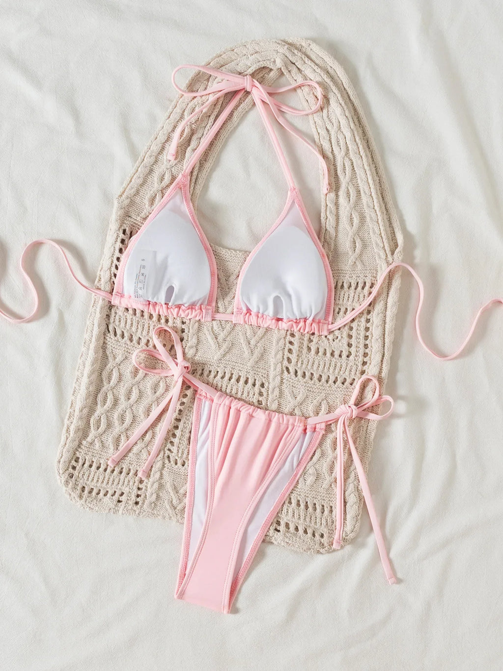 sexy 3d sequine flower pink bikinis sets two pieces swimsuits halter tie thong Swimwear Biquini conjunto de bikini tankini